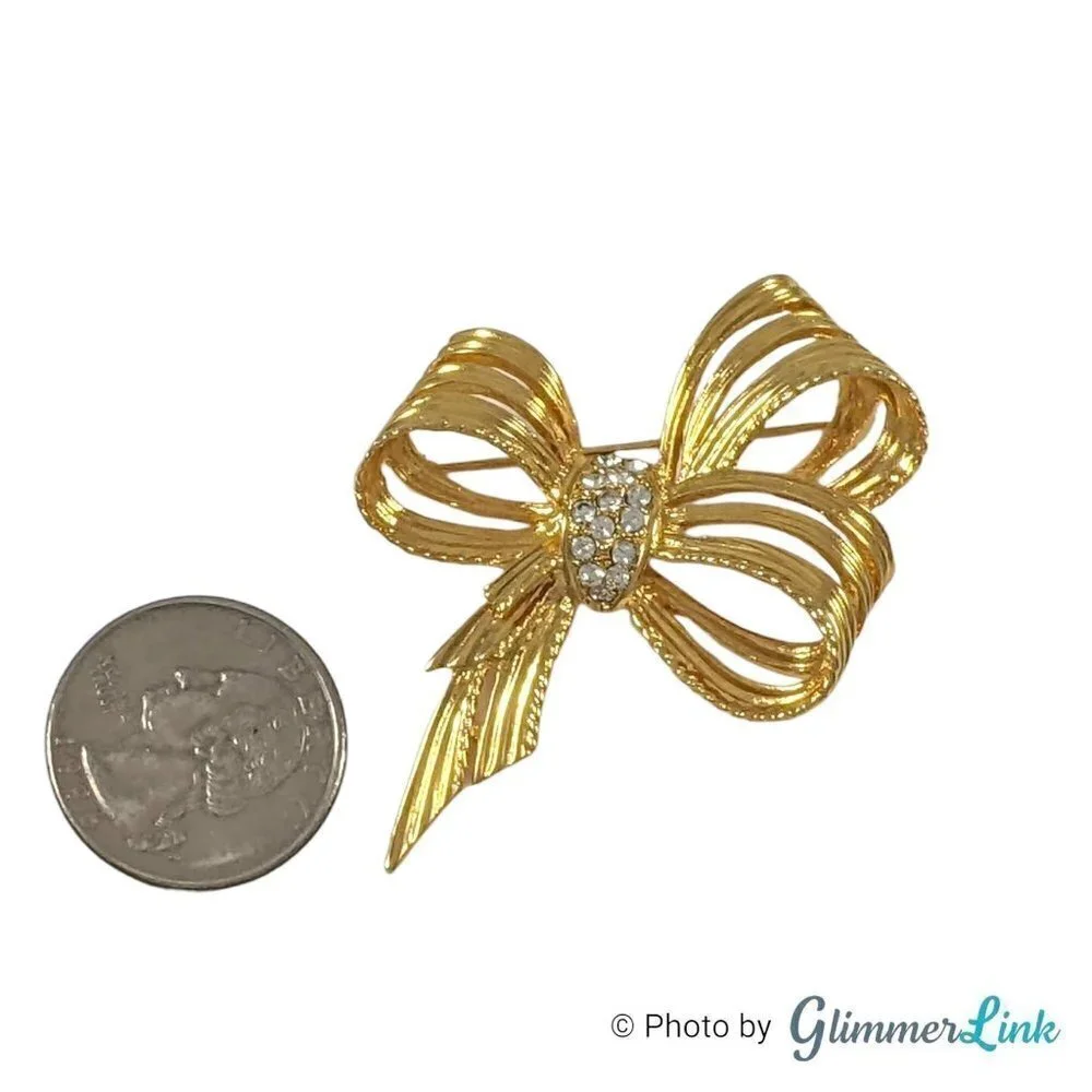 Vintage Gold Tone Triple Loop Bow Ribbon Rhinestones Brooch